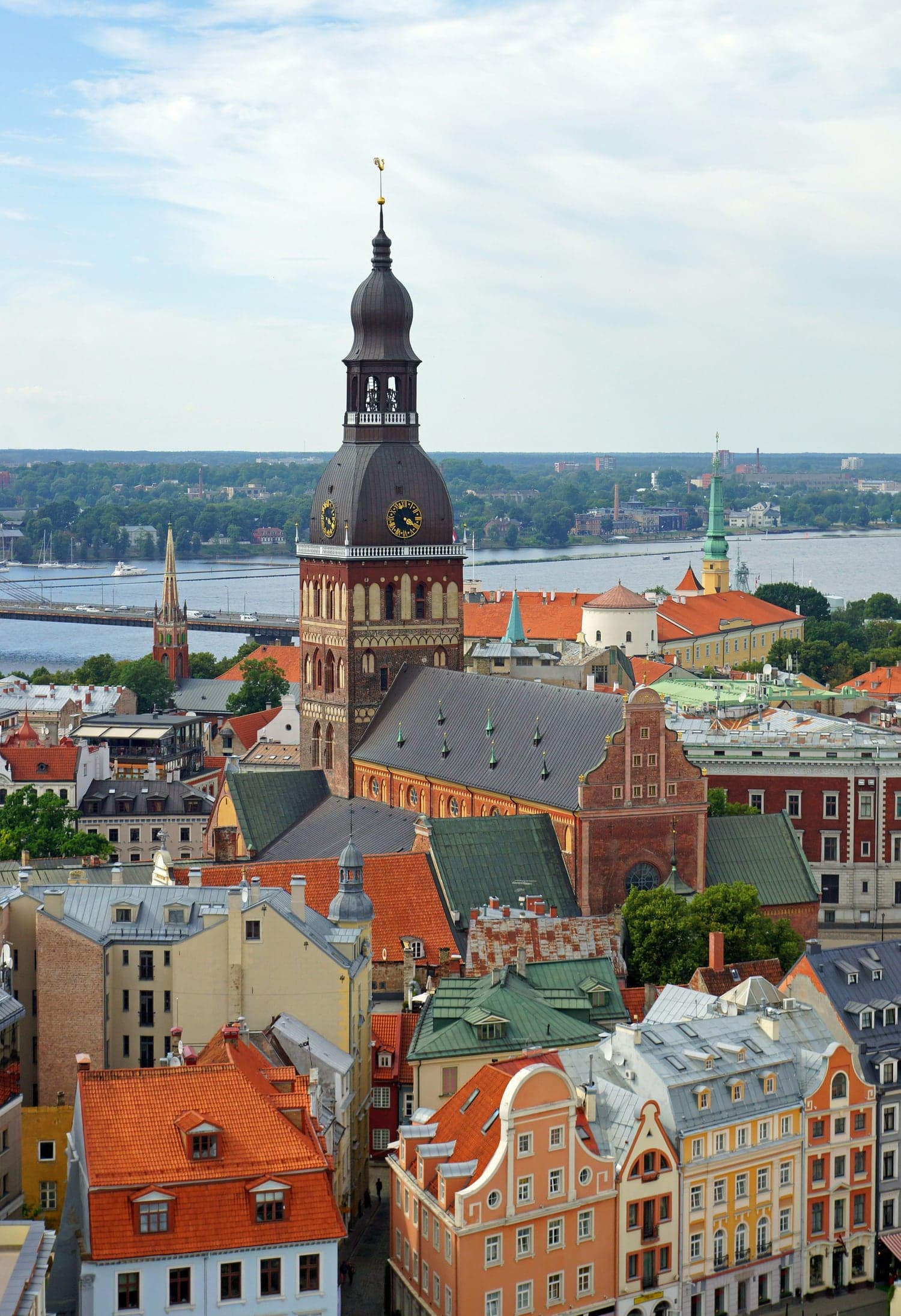 View over Riga’s Old Town rooftops to the Dome Cathedral and the Daugava River.