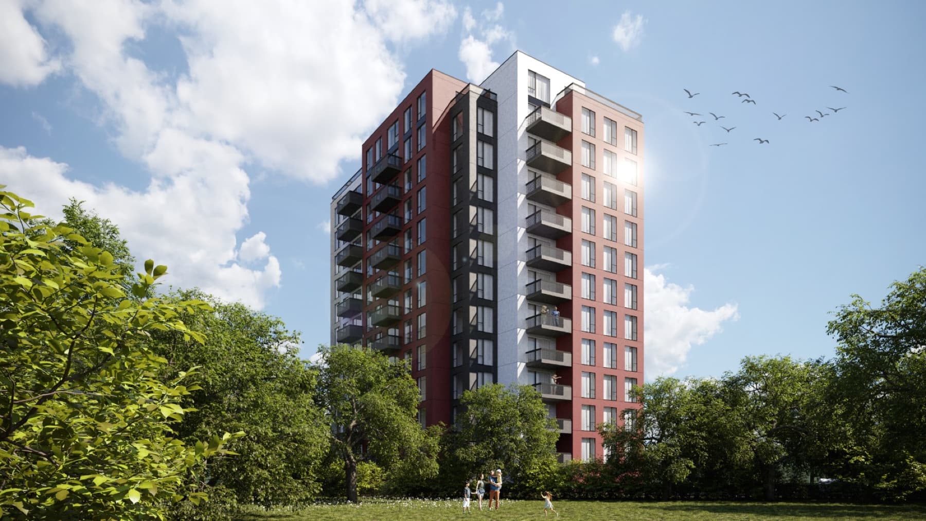 Anniņmuižas Street 15A — render of the planned 13-story residential tower, Riga.