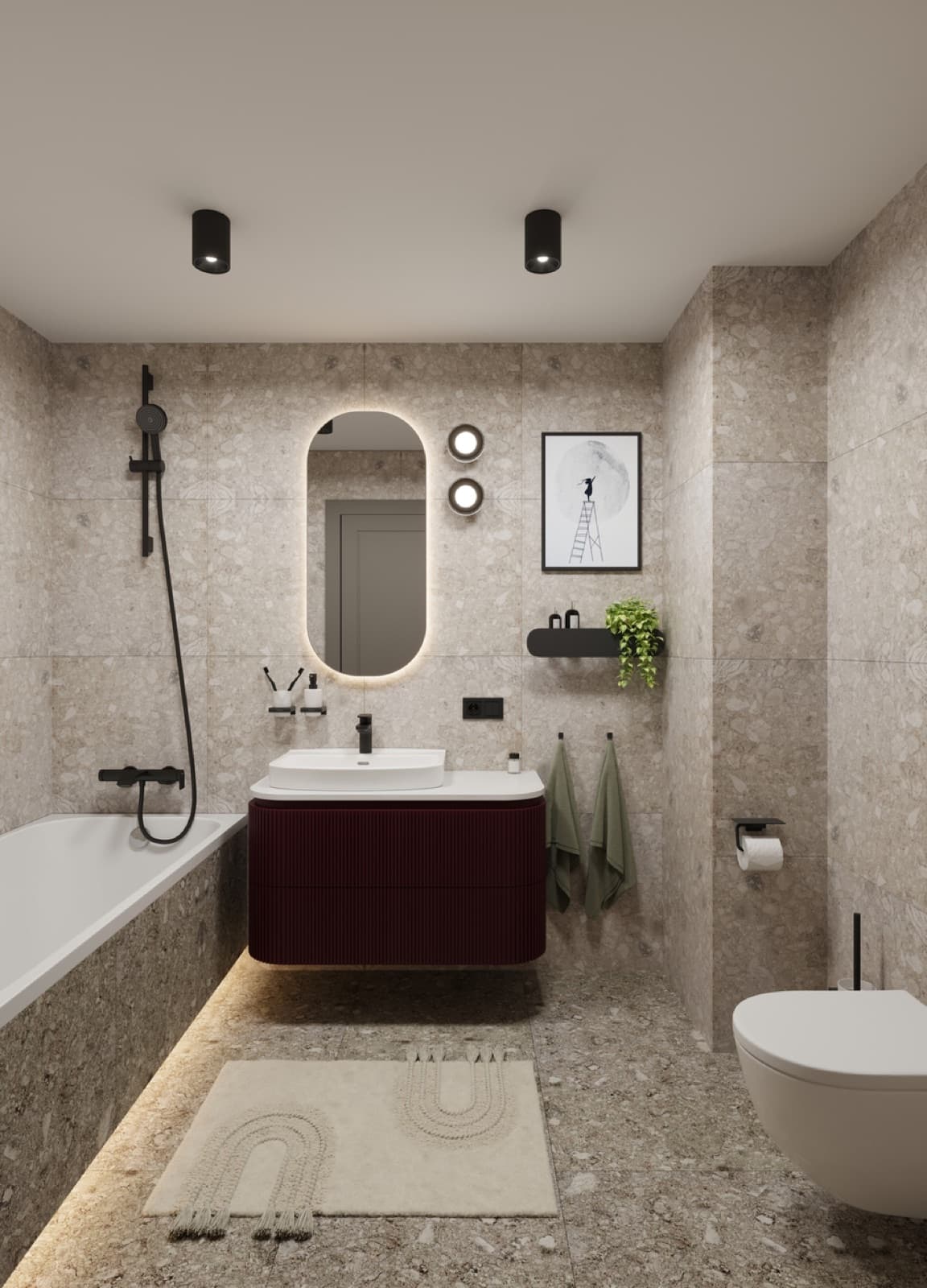 Bordo Rezidences — bathroom interior with a burgundy vanity.