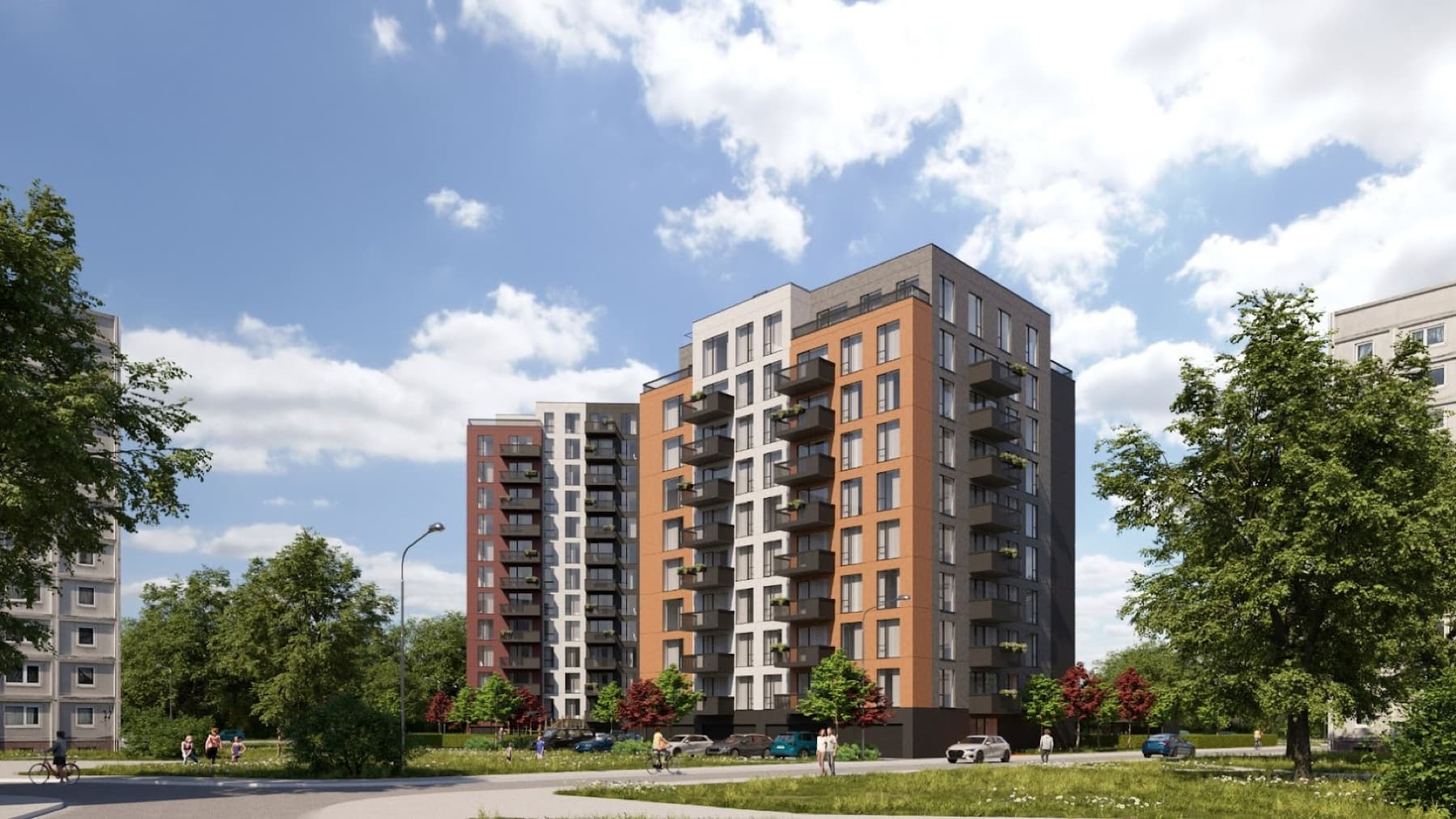 J.Endzelīna Residence — street-corner view of the 13-storey residential building.
