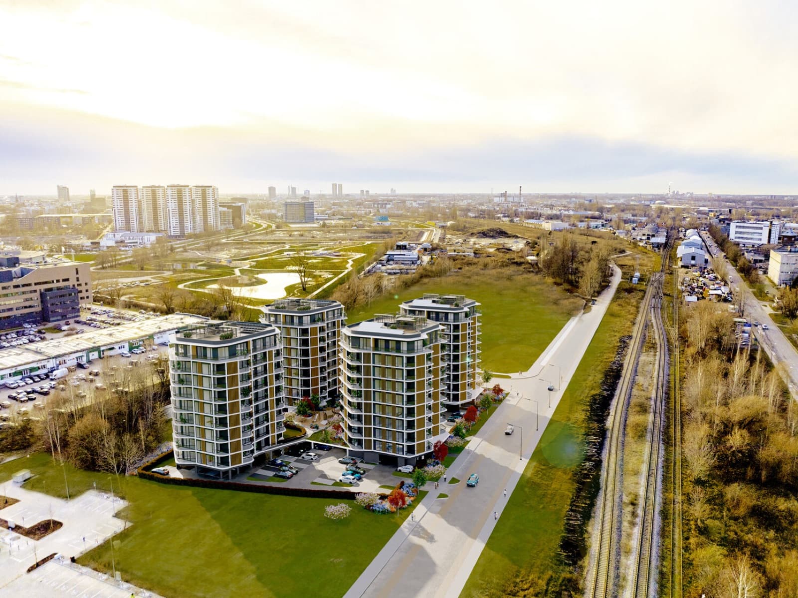 Laktas Street 18 — aerial view of the first-phase towers beside the railway, Riga.