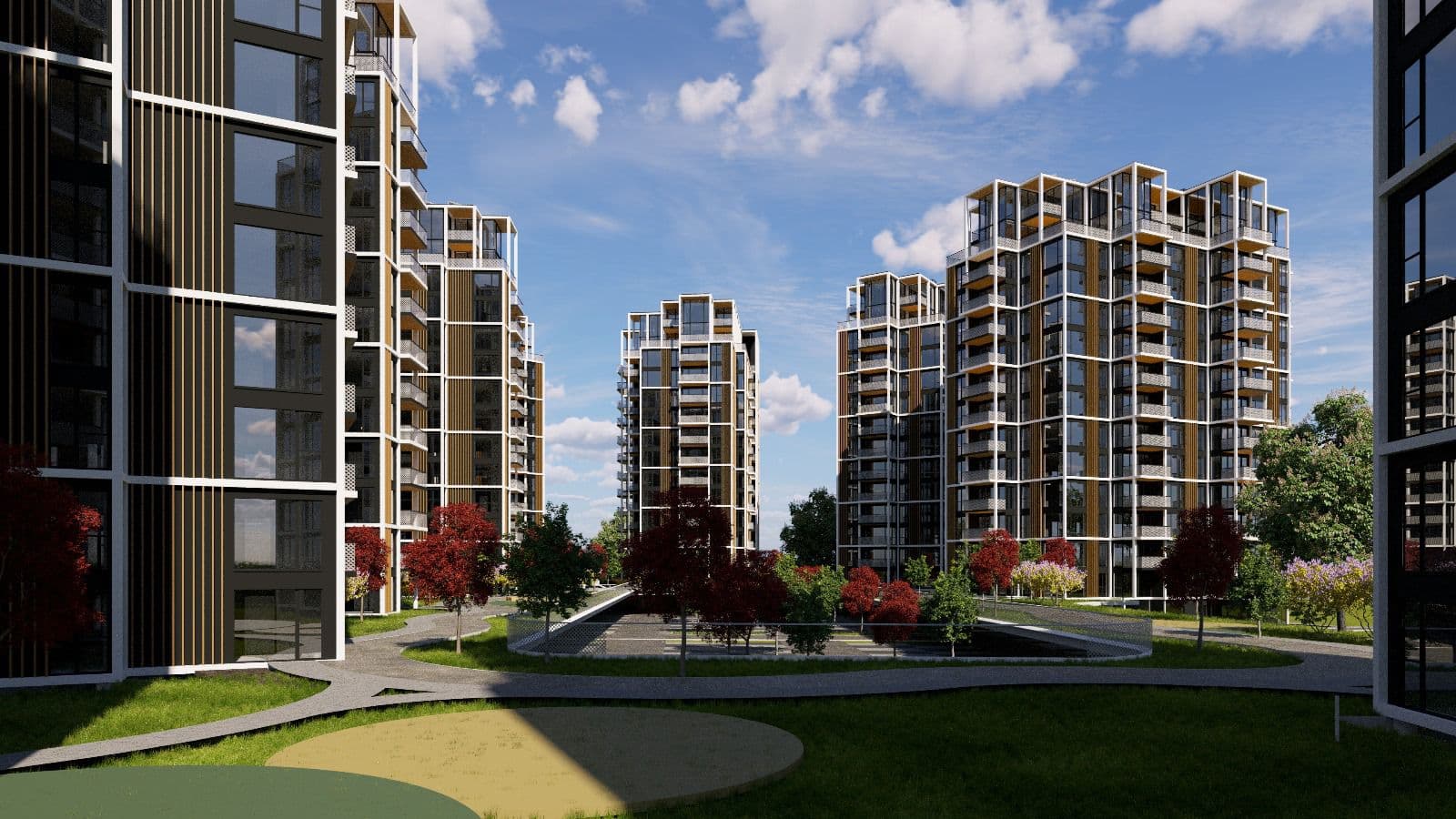 Laktas Street 18: architectural render of residential towers around a landscaped courtyard.