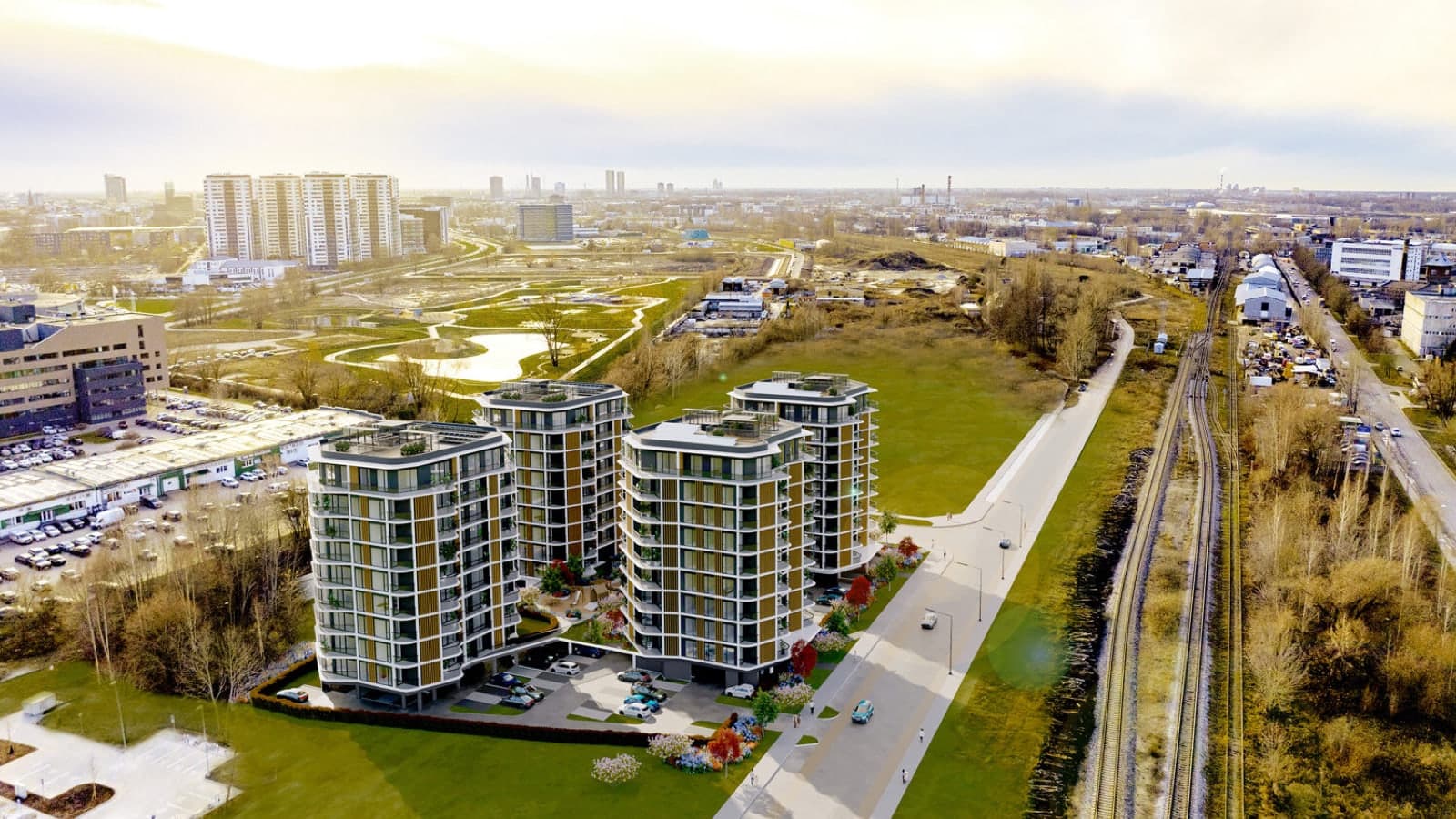 Laktas Street 18 — aerial view of the first-phase towers beside the railway, Riga.