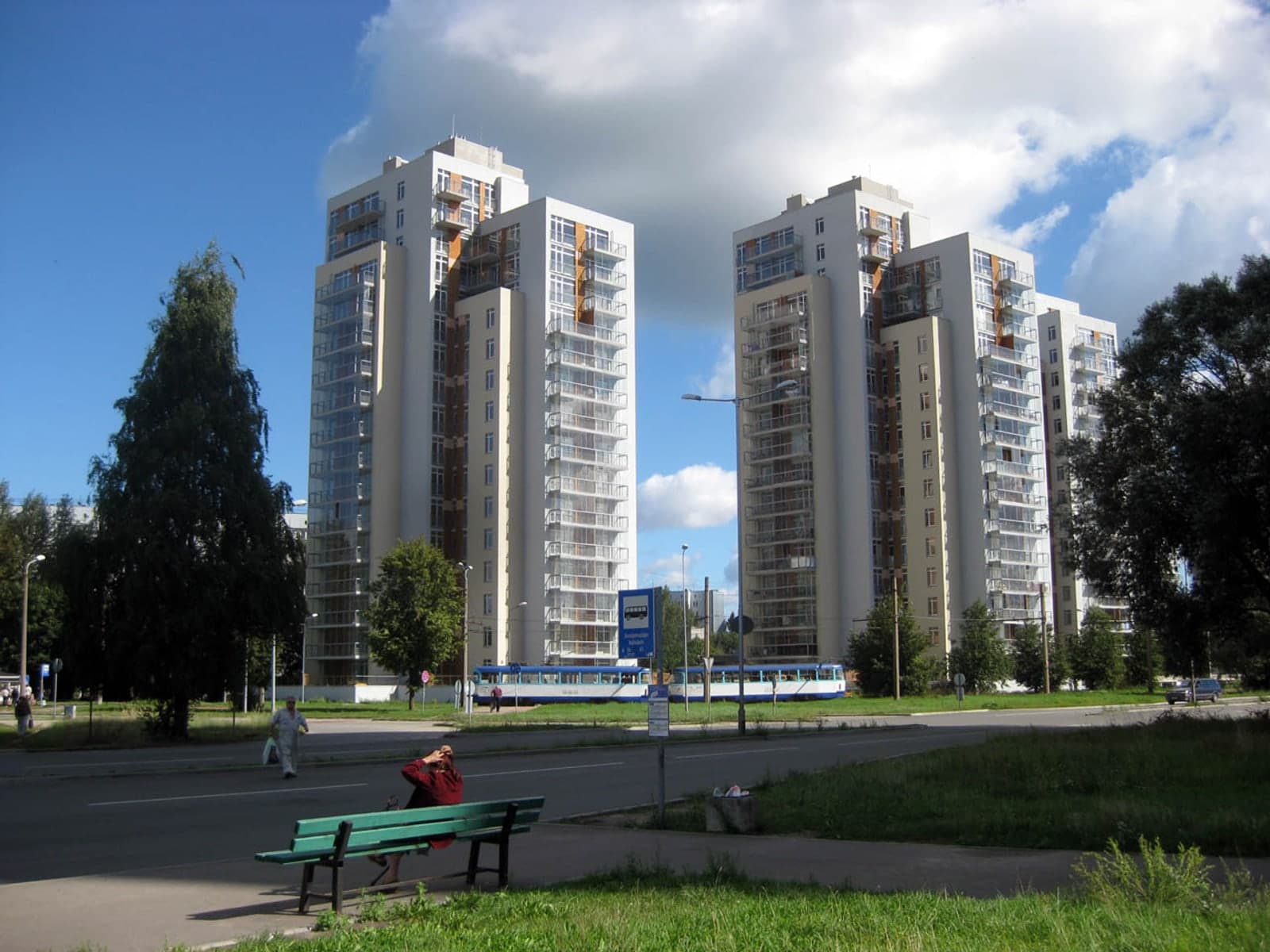 Two Metropolia residential towers beside Anniņmuižas Boulevard in Riga.