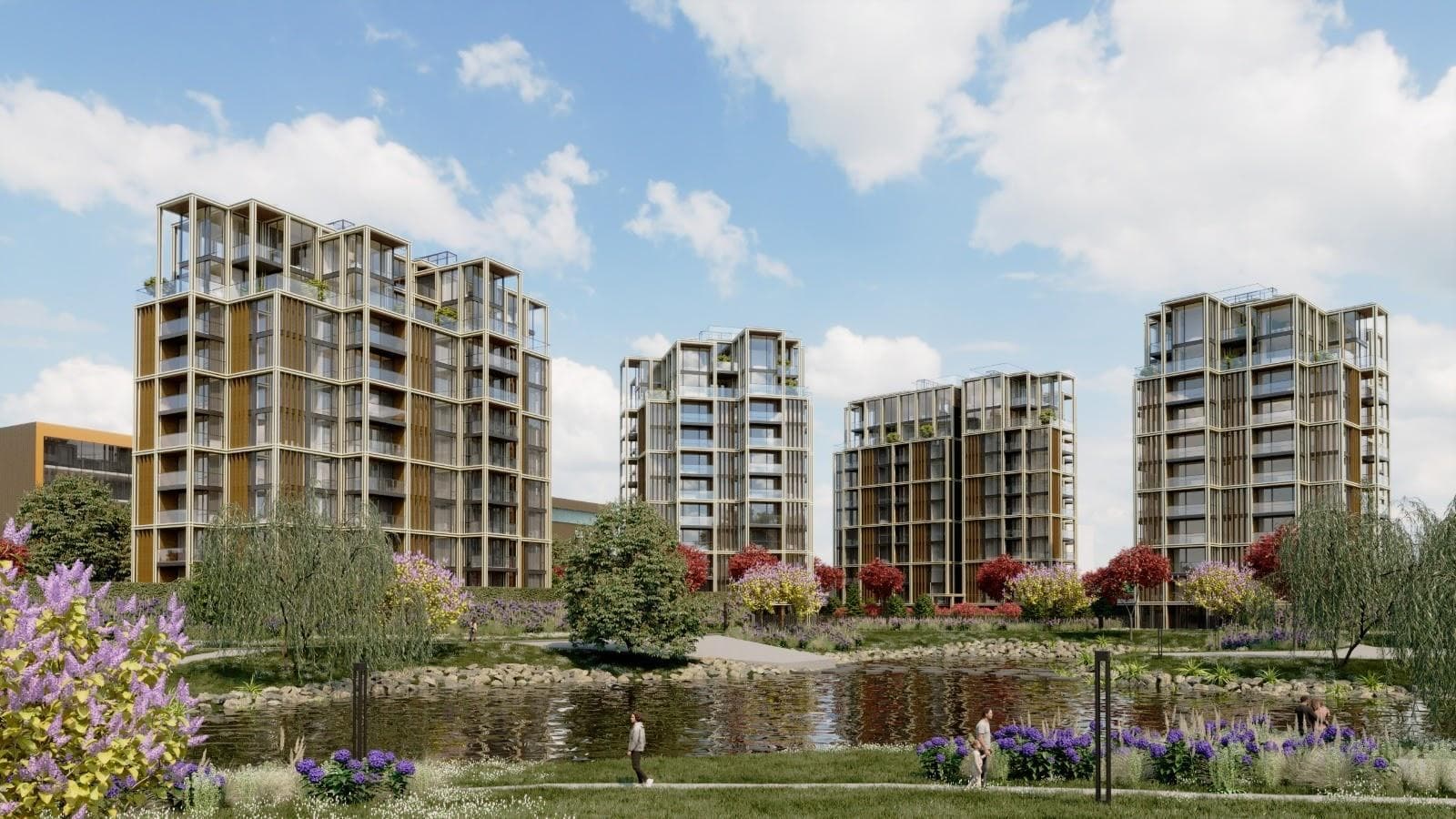 Skanstes Street 48 — render of the four residential towers seen across the waterfront.